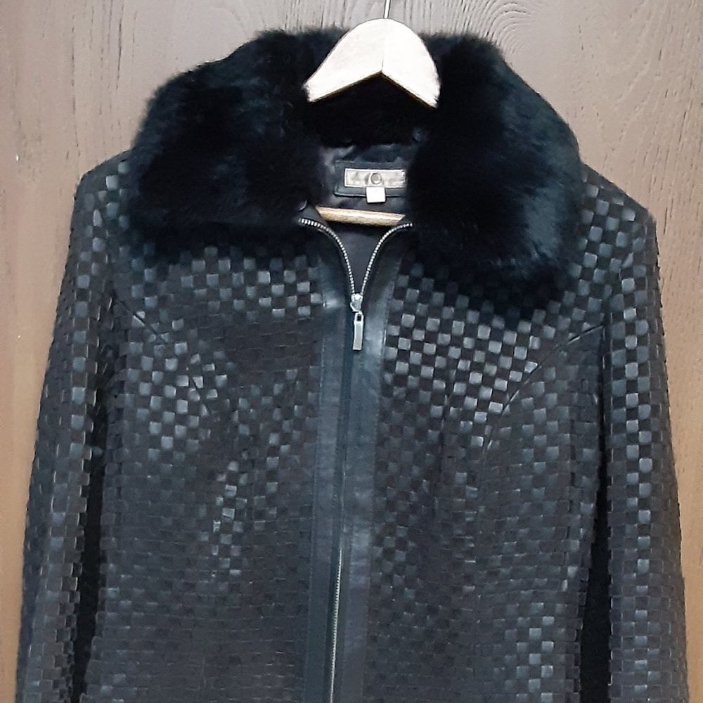 Fur collar Basketweave Leather Jacket